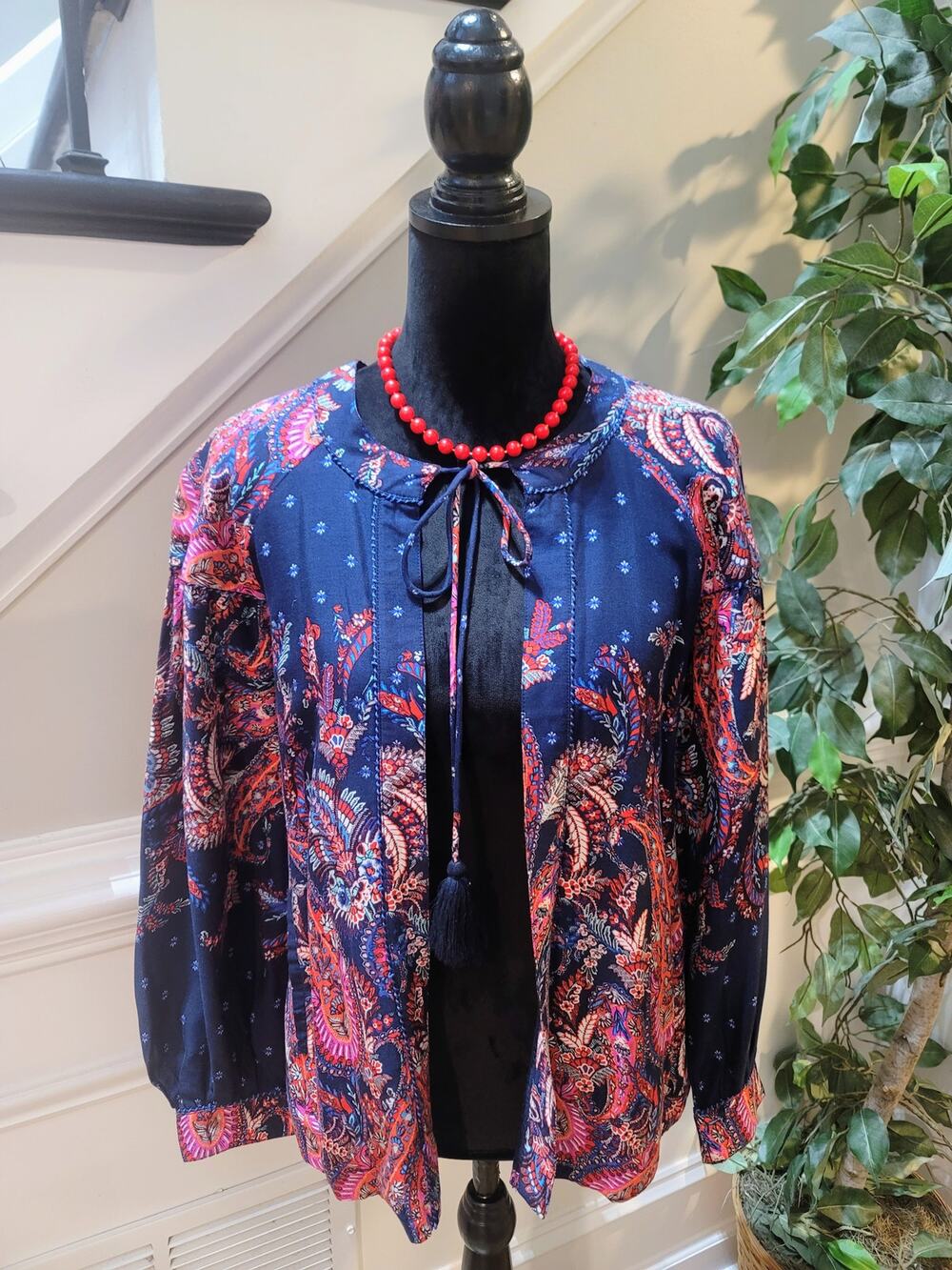 Monsoon Blouse Top Women's Small Multicolor Paisley Print Pleated Drop Shoulder